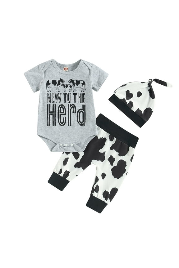 Baby 3Pcs Summer Outfits 3 6 12 Months Short Sleeve Romper + Cow Print Pants + Knot Hat Set Newborn Clothes