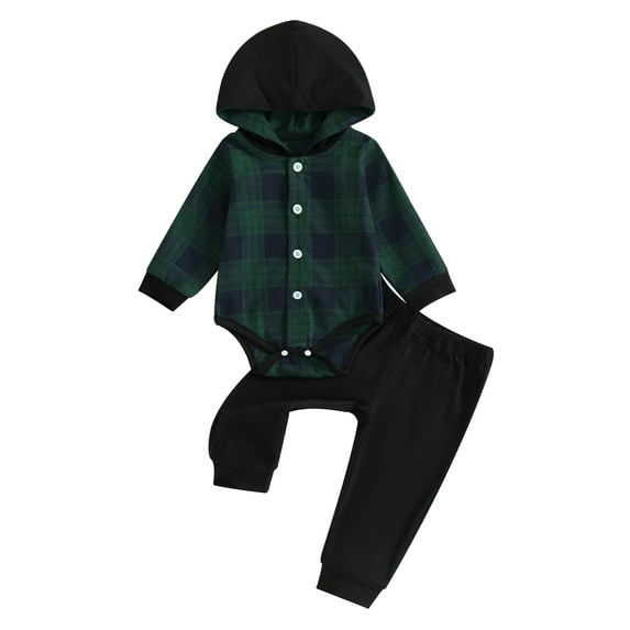 Elippeo Baby Boy 2 Piece Outfit 3M 6M 12M 18M 24M Plaid Long Sleeve Hooded Rompers and Elastic Pants Set Fall Spring Clothes