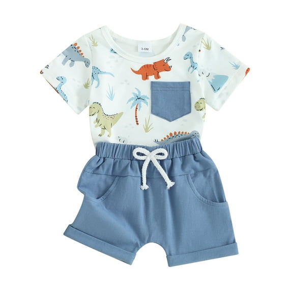 Elippeo Baby Boy 2 Piece Outfits 6 12 18 24 Months 3 Years Round Neck Short Sleeve Dinosaur Print Tops Elastic Waist Shorts Infant Toddler Summer Set