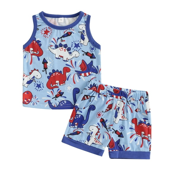Elippeo Baby Boy 2 Piece Summer Outfit 6 12 18 24 Months 3 Years Dinosaur Print Round Neck Tank Tops Elastic Waist Shorts 4th of July Set