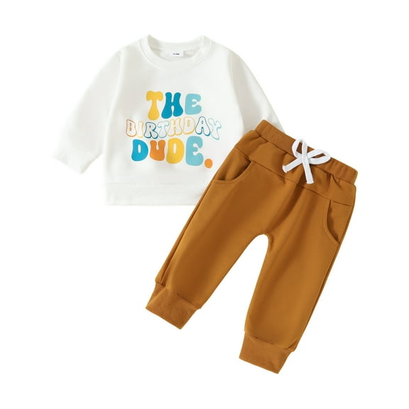 Elippeo Baby Boy 2Pcs Birthday Outfits 6 12 18 24 Months 3 Years Long Sleeve Letter Print Sweatshirt + Pants Set Fall Spring Clothes