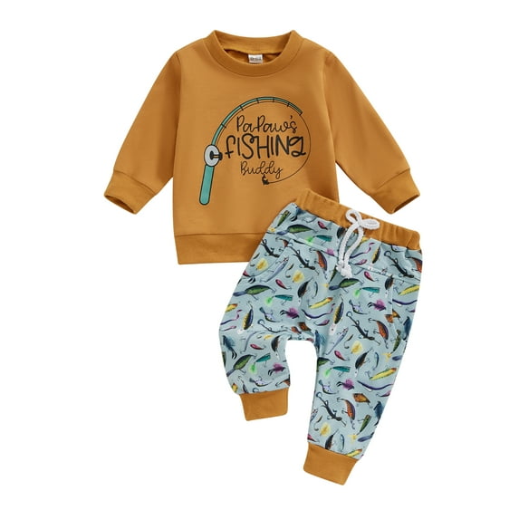 Elippeo Baby Boy 2Pcs Fall Outfits Long Sleeve Fish Print Sweatshirt + Pants Set Toddler Clothes 6 12 18 24 Months 3 Years