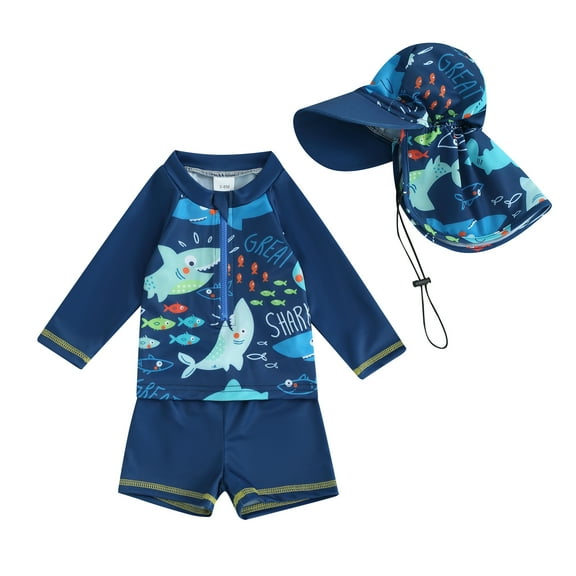 Elippeo Baby Boy 3Pcs Rash Guard Swimsuits 6 12 18 24 Months 3 4 5 Years Cute Fish Print Long Sleeve Zip Up Bathing Suit Swimwear