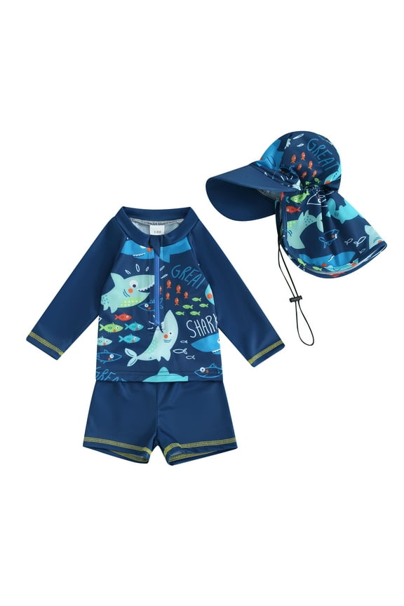 Baby Boy 3Pcs Rash Guard Swimsuits 6 12 18 24 Months 3 4 5 Years Cute Fish Print Long Sleeve Zip Up Bathing Suit Swimwear
