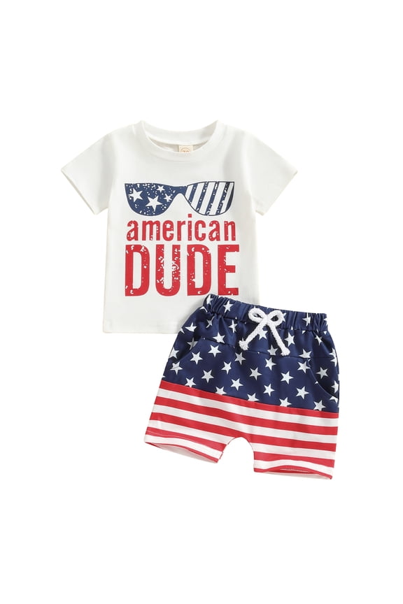 Baby Boy 4th of July Outfits 6 12 18 24 Months 3 Years Round Neck Short Sleeve Letter Print Tops + Star Print Shorts Infant Toddler Independence Day Set