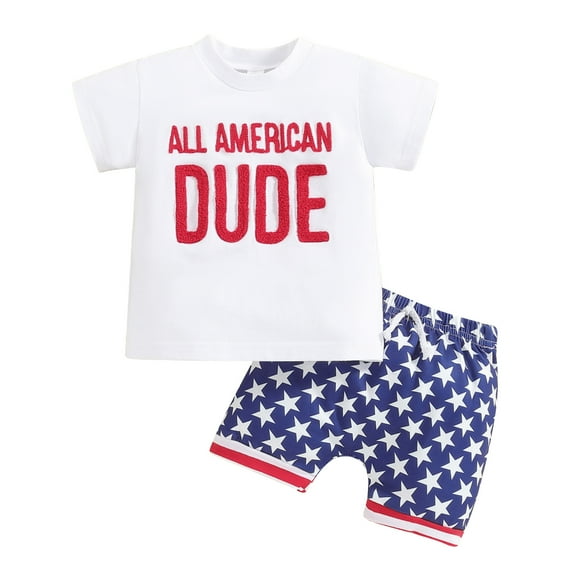 Elippeo Baby Boy 4th of July Outfits 6 12 18 24 Months 3 Years Short Sleeve Letter Embroidery Tops   Elastic Waist Star Print Shorts Toddler Independence Day Set