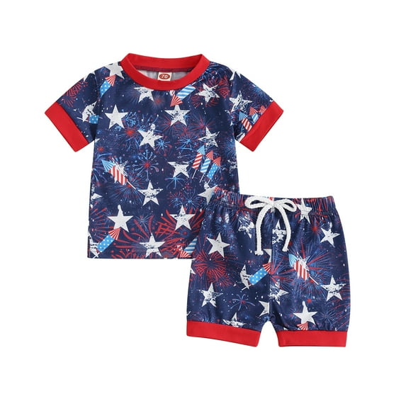 Elippeo Baby Boy 4th of July Outfits 6 12 18 24 Months 3 Years Short Sleeve Firework Star Print Tops + Shorts Set Summer Clothes