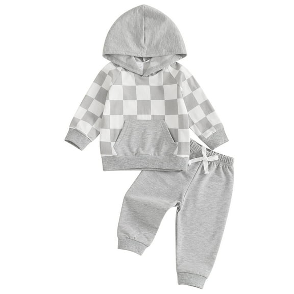 Elippeo Baby Boy Fall Outfits Classic Long Sleeve Checkerboard Print Hoodie   Pants Set Toddler Warm Clothes 6 12 18 24 Months 3 4 Years