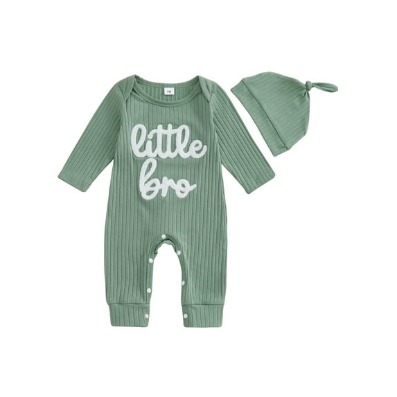 Elippeo Baby Boy Fall Romper Letter Embroidery Ribbed Long Sleeve Crew Neck Jumpsuit with Hat 3 6 12 18 Months