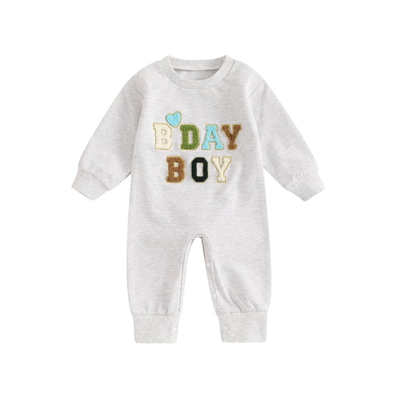 Elippeo Baby Boy Girl Birthday Romper Letter Embroidery Long Sleeve Crew Neck Full Length Jumpsuit 6 12 18 Months