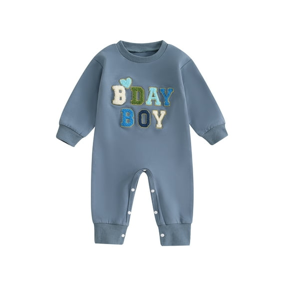 Elippeo Baby Boy Girl Birthday Romper Letter Embroidery Long Sleeve Crew Neck Full Length Jumpsuit 6 12 18 Months