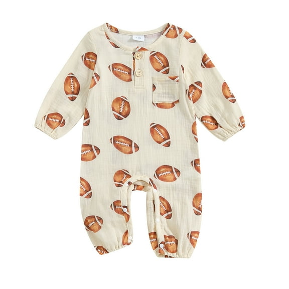 Elippeo Baby Boy Girl Bodysuits Football Print Long Sleeve Button Pocket Round Neck Fall Romper 3 6 12 18 Months