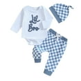 thumbnail image 1 of Elippeo Baby Boy Girl Fall Outfits, Letter Embroidery Long Sleeve Romper Checkerboard Pants Hat 3 Piece Set 3 6 12 18 Months, 1 of 10