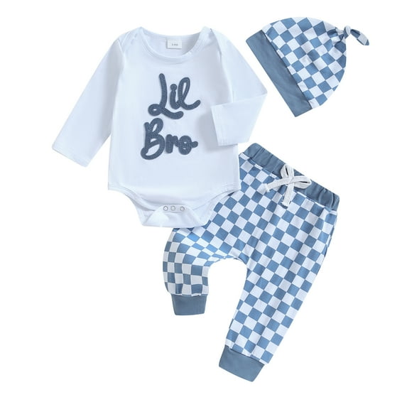 Elippeo Baby Boy Girl Fall Outfits, Letter Embroidery Long Sleeve Romper Checkerboard Pants Hat 3 Piece Set 3 6 12 18 Months