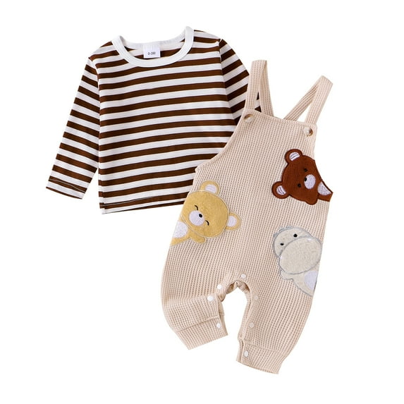 Elippeo Baby Boy Girl Fall Outfits, Striped Long Sleeve Tops Bear Embroidery Full Length Overalls Romper 2 Piece Set 3 6 12 18 Months