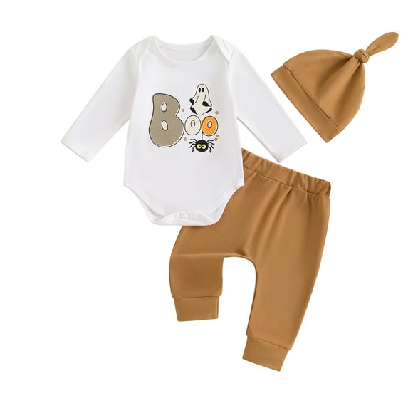 Elippeo Baby Boy Halloween Outfit 3 6 12 Months Ghost Print Long Sleeve Round Neck Romper with Solid Pants and Hat 3 Pcs Set