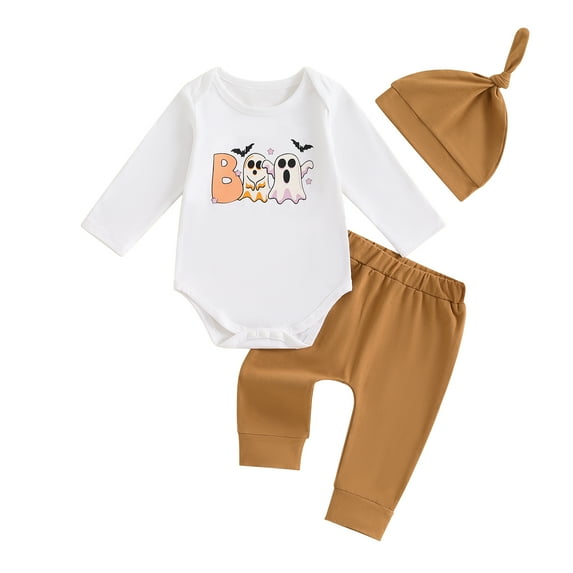 Elippeo Baby Boy Halloween Outfit 3 6 12 Months Ghost Print Long Sleeve Round Neck Romper with Solid Pants and Hat 3 Pcs Set