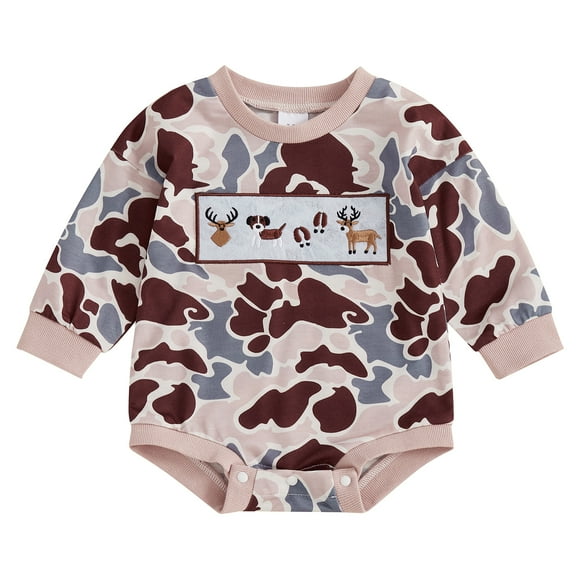 Elippeo Baby Boy Sweatshirt Romper Casual Animal Embroidery Camouflage Print Long Sleeve Jumpsuit for Infant Toddler Fall Outfit 3 6 12 18 Months
