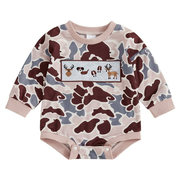 Elippeo Baby Boy Sweatshirt Romper Casual Animal Embroidery Camouflage Print Long Sleeve Jumpsuit for Infant Toddler Fall Outfit 3 6 12 18 Months