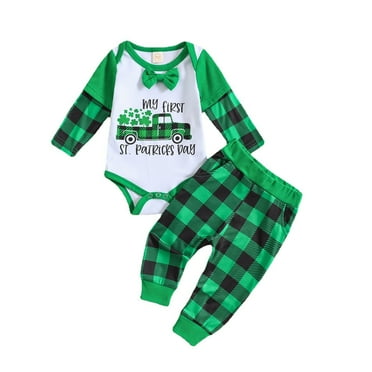 Elippeo Baby Boys 3Pcs Gentleman Outfits 6M 9M 12M 18M 24M St Patricks Day Long Sleeve Truck Print Romper + Pants + Hat Set Newborn Clothes