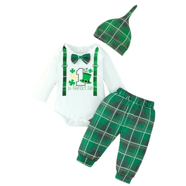 Elippeo Baby Boys Pants Set 3M 6M 9M 12M 18M  Long Sleeve Crew Neck Bow Romper with Shamrock Print Pants and Hat Fall Outfit