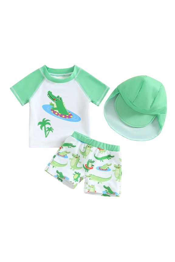 Baby Boys Rash Guard Set 0-3 Years Shark Crocodile Print Short Sleeve Top with Shorts Hat Swimsuit Summer Swimwear