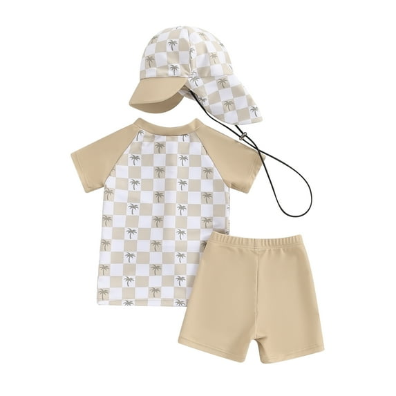 Elippeo Baby Boys Rash Guard Set, Short Sleeve Shark Tree Print Top with Shorts Hat Swimsuit Summer Swimwear