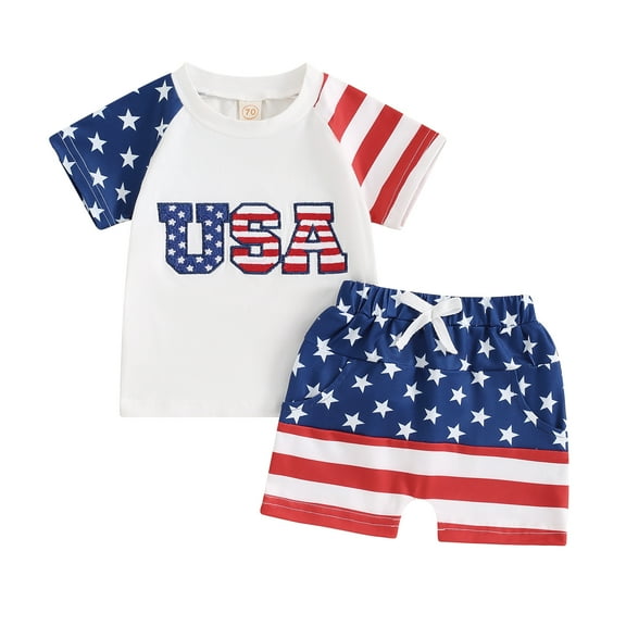 Elippeo Baby Boys Shorts Set 6 12 18 24 Months 3 Years Short Sleeve Letters Print T-shirt with Stars Stripes Shorts Summer Outfit for 4th of July