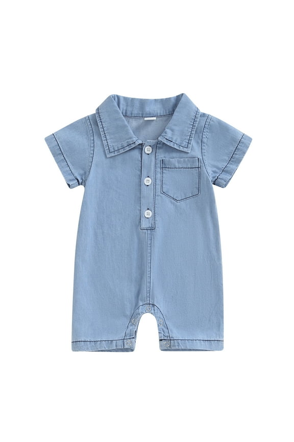Baby Boys Summer Denim Romper 3 6 12 18 Months Short Sleeve Lapel Button Down Jumpsuit with One Pocket