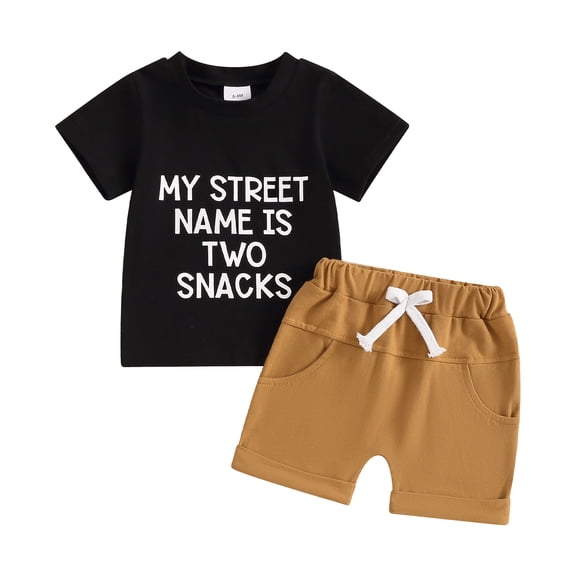 Elippeo Baby Boys Summer Outfits 6 12 18 24 Months 3 Years Letter Print Short Sleeves T-Shirt and Elastic Shorts Set for 2 Piece Vacation Clothes Set