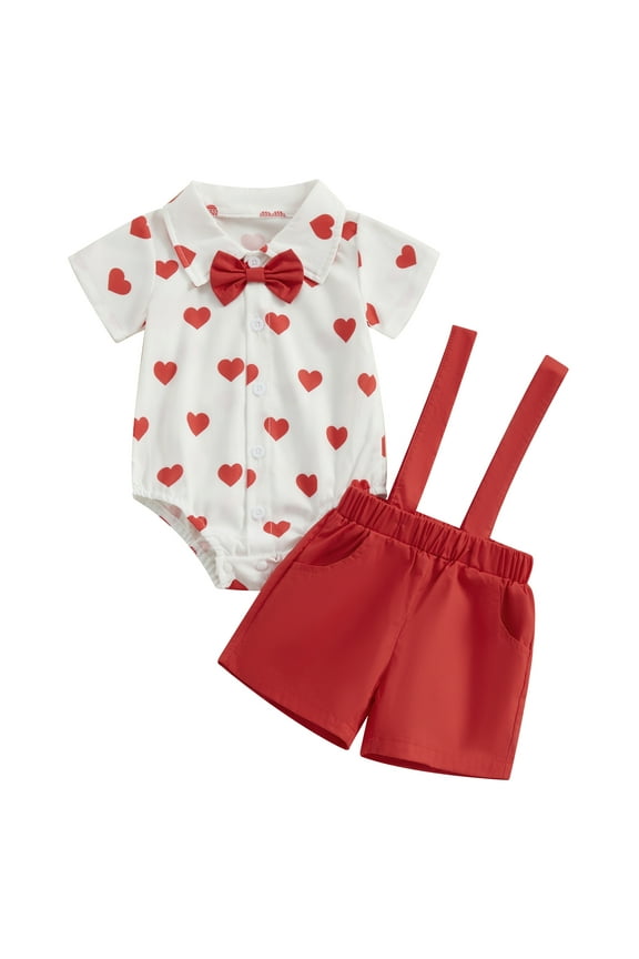 Baby Boys Valentine's Day Outfits 3M 6M 12M 18M 24M Heart Print Bowtie Short Sleeve Rompers Suspender Shorts 2Pcs Clothes Set