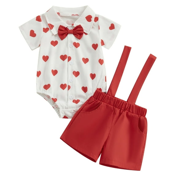 Elippeo Baby Boys Valentine's Day Outfits 3M 6M 12M 18M 24M Heart Print Bowtie Short Sleeve Rompers Suspender Shorts 2Pcs Clothes Set