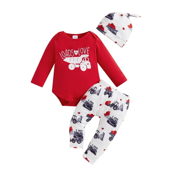 Elippeo Baby Fall Outfits with Hats Truck Love Heart Pattern Crew Neck Long Sleeve Rompers with Pants 3 Pcs Set 3 6 12 18 Months