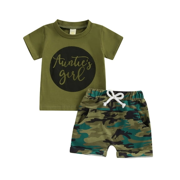 Elippeo Baby Girl 2 Piece Outfits 6 12 18 24 Months 3 Years Round Neck Short Sleeve Letter Print Tops   Elastic Waist Camouflage Shorts Infant Toddler Summer Set