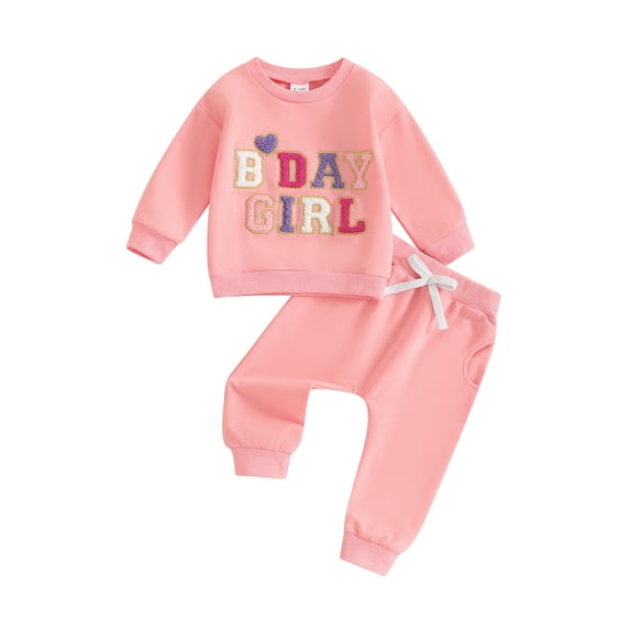 Elippeo Baby Girl 2Pcs Birthday Outfits Long Sleeve Letter Embroidery Pullover + Pants Set Toddler Fall Clothes 6 12 18 24 Months 2 3 4 5 Years