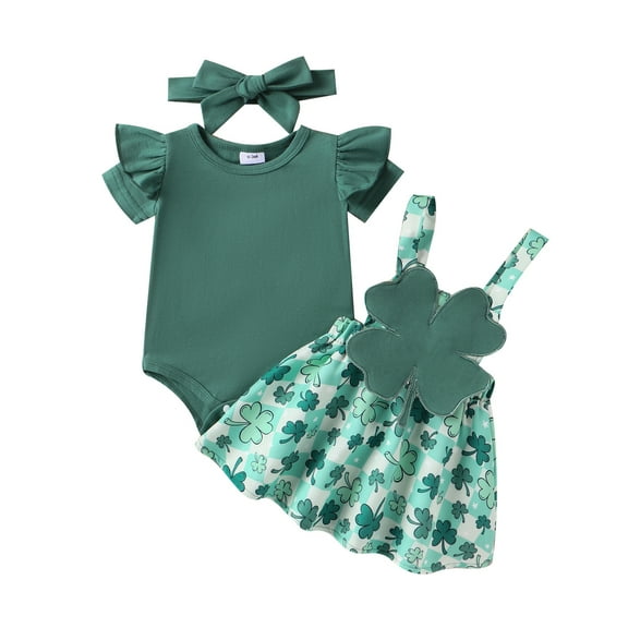 Elippeo Baby Girl 3 Piece Set St Patricks Day 3M 6M 9M 12M 18M Round Neck Short Sleeve Ribbed Romper Clover Print Suspender Skirt Headband Infant Toddler Outfits