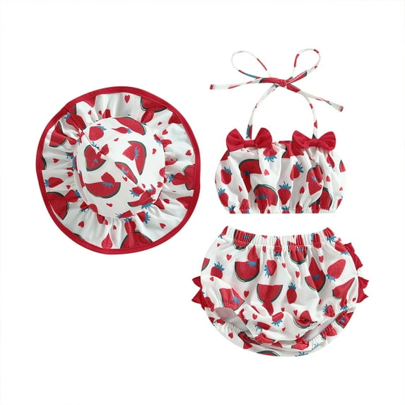 Elippeo Baby Girl 3pcs Swimsuits 6 12 18 24 Months Fruit Print Bandage Halterneck Sleeveless Tops Beach Shorts and Hat Set Swimwear