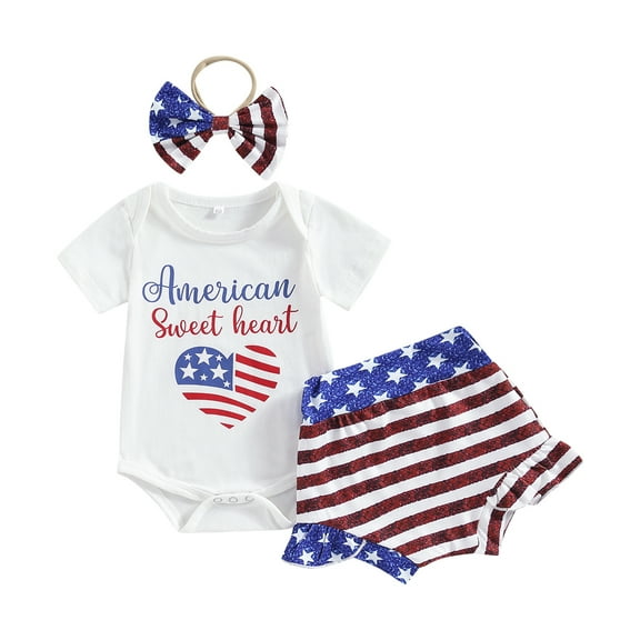 Elippeo Baby Girl 4th of July Outfits 3 6 12 18 Months Short Sleeve Romper + Ruffle Shorts + Bow Headband Set