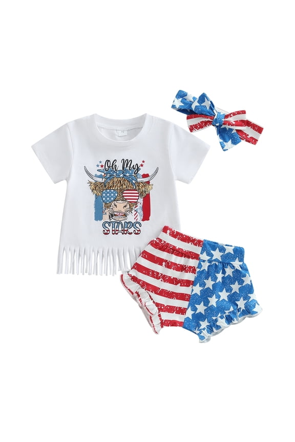 Baby Girl 4th of July Outfits 6 12 18 24 Months 3 Years Short Sleeve Tops + Stars and Stripes Shorts + Headband Set Toddler Clothes