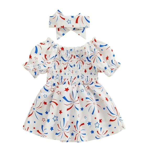 Elippeo Baby Girl 4th of July Romper Dress FireworksStar Print Short Puff Sleeves Jumpsuit with Bow Headband