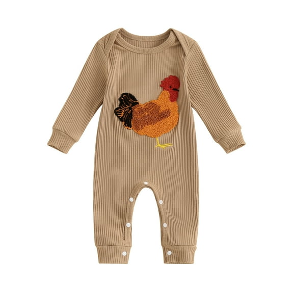 Elippeo Baby Girl Boy Fall Romper Rooster Embroidery Long Sleeves Round Neck Full Length Ribbed Jumpsuit