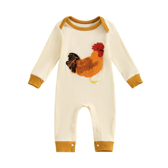 Elippeo Baby Girl Boy Fall Romper Rooster Embroidery Long Sleeves Round Neck Full Length Ribbed Jumpsuit