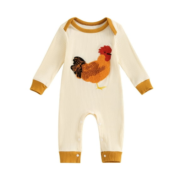 Elippeo Baby Girl Boy Fall Romper Rooster Embroidery Long Sleeves Round Neck Full Length Ribbed Jumpsuit