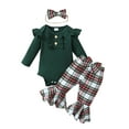 thumbnail image 1 of Elippeo Baby Girl Christmas Clothes 3M 6M 12M 18M Ribbed Long Sleeve Romper with Plaid Flare Pants and Bow Headband Outfit, 1 of 9