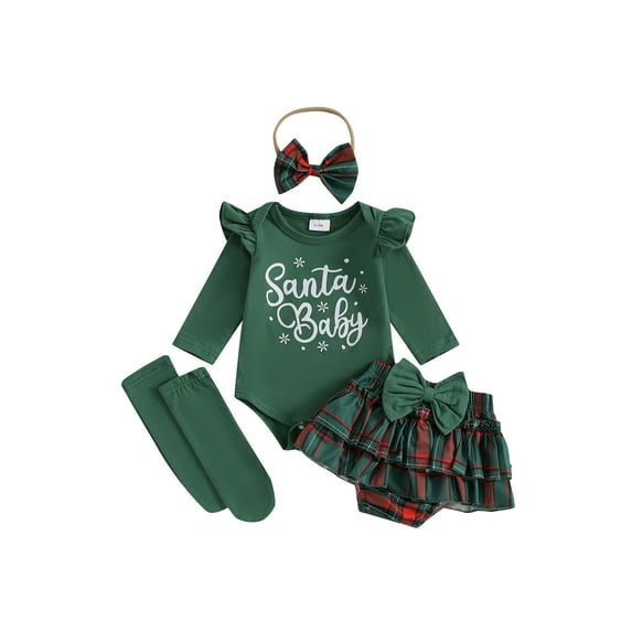 Elippeo Baby Girl Christmas Outfit, Letter Print Ruffle Long Sleeve Romper Plaid Layered Ruffle Shorts Bow Headband Socks 3 6 9 12 18 Months