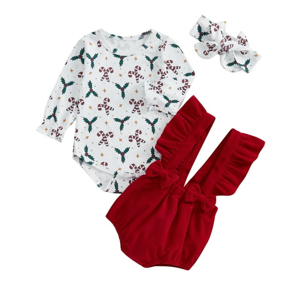 Elippeo Baby Girl Christmas Outfits Candy Cane Print Long Sleeve Romper with Solid Ruffled Overalls and Headband 3Pcs Set 3 6 12 18 Months