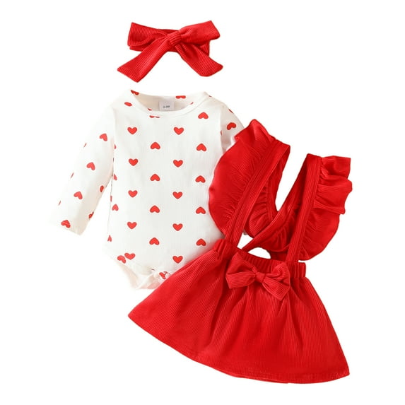 Elippeo Baby Girl Clothes 3M 6M 9M 12M 18M Heart Print Long Sleeve Romper with Suspender Skirt and Bow Headband Outfit