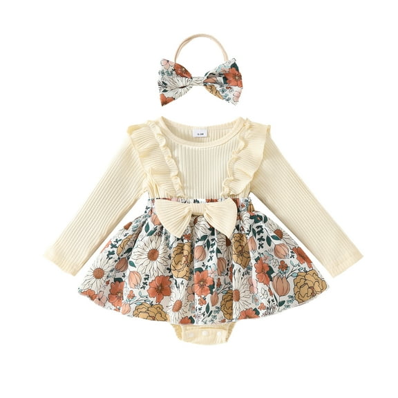 Elippeo Baby Girl Fall Outfit 3 6 12 18 24 Months Flower Print Ruffle Trim Long Sleeve Romper Dress Bow Headband 2 Piece Set