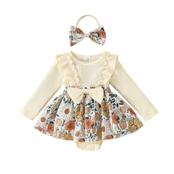 Elippeo Baby Girl Fall Outfit 3 6 12 18 24 Months Flower Print Ruffle Trim Long Sleeve Romper Dress Bow Headband 2 Piece Set