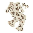 thumbnail image 1 of Elippeo Baby Girl Fall Outfit 3 6 12 18 Months Flower Print Ruffle Trim Long Sleeve Romper Flare Pants Bow Headband 3 Piece Set, 1 of 9